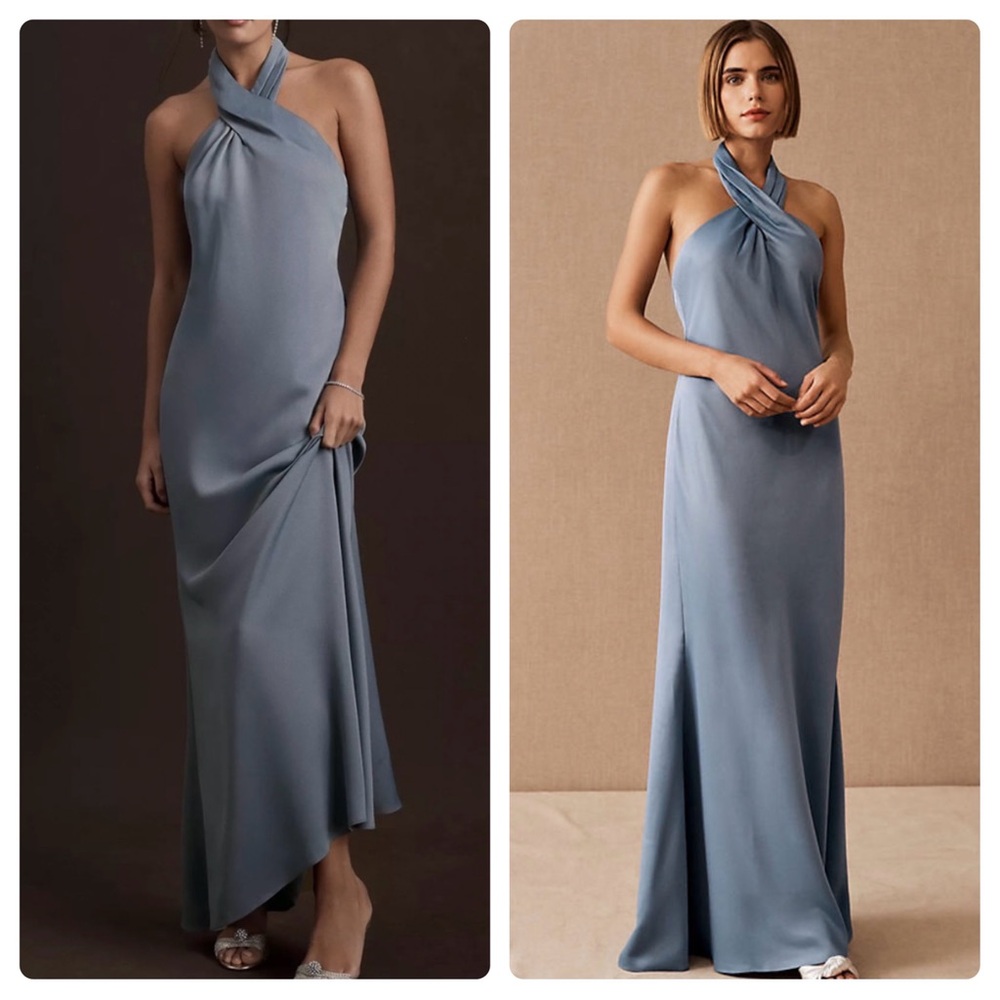 BHLDN Ruby Twist Halter Satin Gown Dusty Blue 2